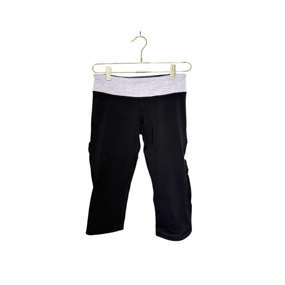 Lululemon Black Grey Waistband Cropped Leggings Size 6 Zipper Pocket Reflective